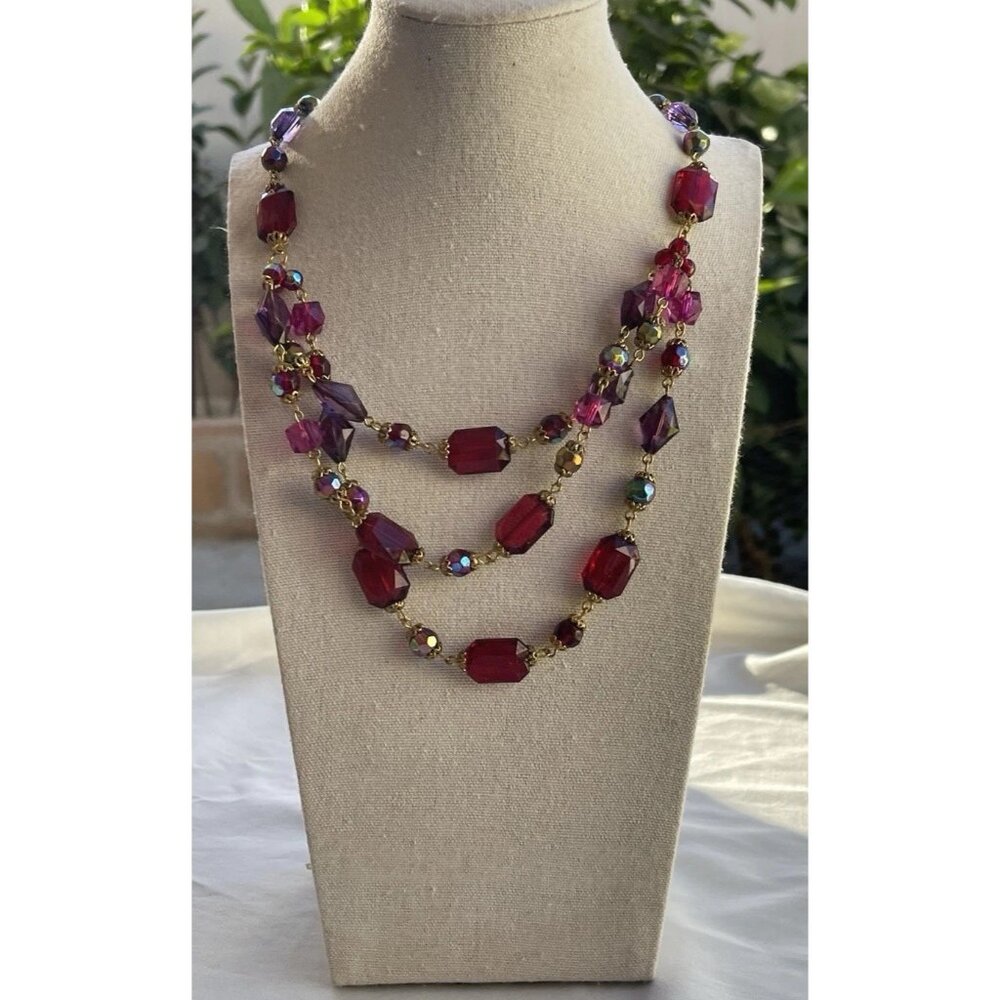 Vintage Robert Rose Gold Tone Red Multicolor Glass Women’s Necklace Sz 24”